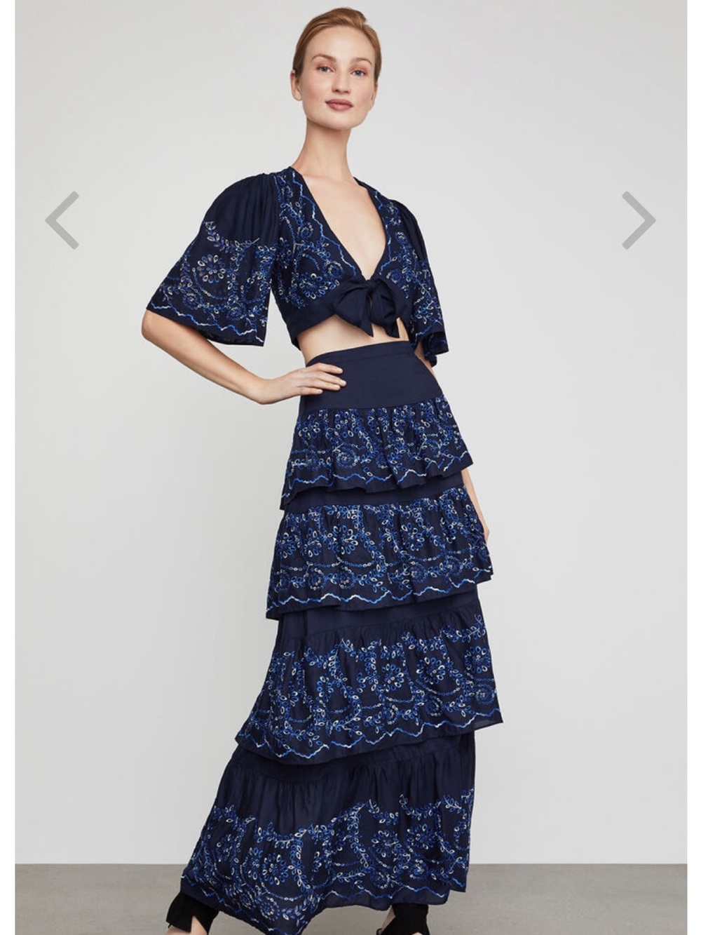 BCBGMaxAzria Navy Tiered Embroidered Maxi Skirt